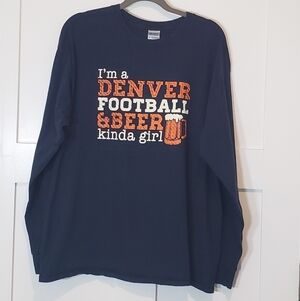 Gildan SIZE XL Long Sleeve T- Shirt  DENVER FOOTBALL & BEER KINDA GIRL Navy Blue